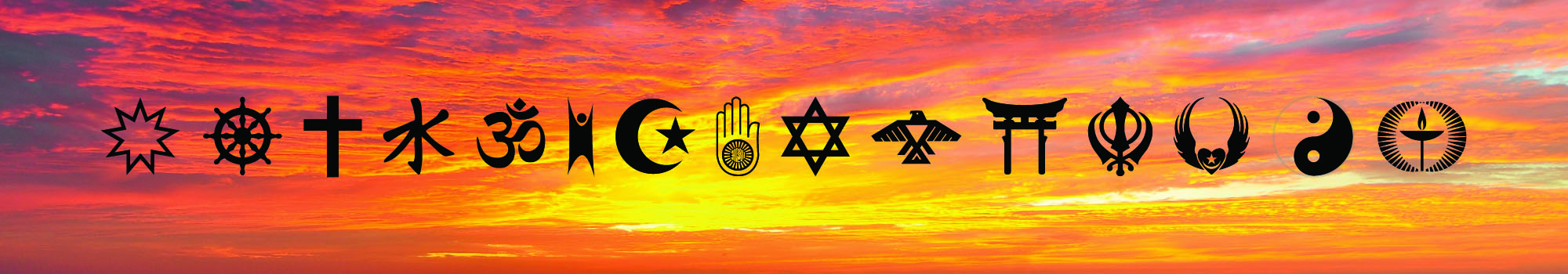 Multiple emblems of faith and religion with sunset background
